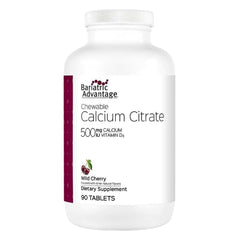 Bariatric Advantage calcium citrate chewable Wild Cherry bottle shown for easy post-surgery calcium support.
