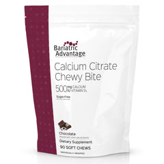 Bariatric Advantage Calcium Citrate Chewy Bites bottle front highlighting chocolate flavor