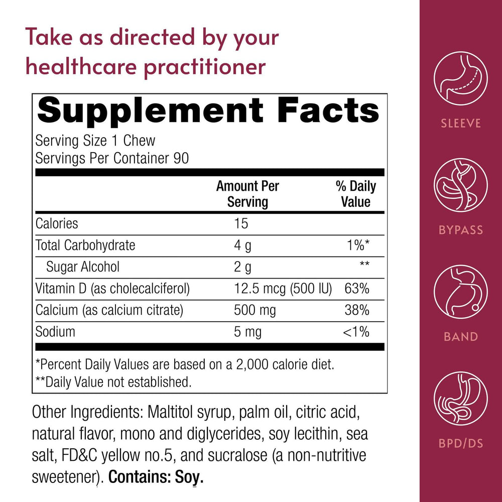 Nutrition label view of Bariatric Advantage Calcium Citrate Chewy Bites with 500 mg calcium and 500 IU vitamin D3