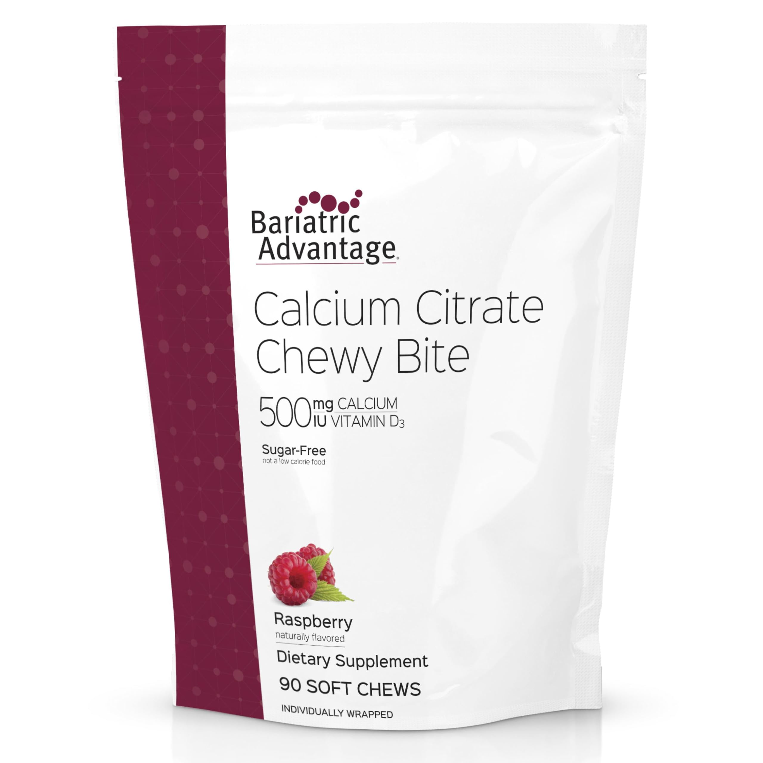 Bariatric Advantage calcium citrate chews bottle highlights raspberry flavor for daily use.