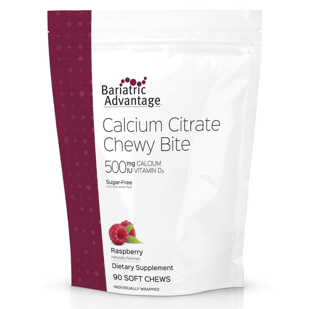 Bariatric Advantage calcium citrate chews bottle highlights raspberry flavor for daily use.