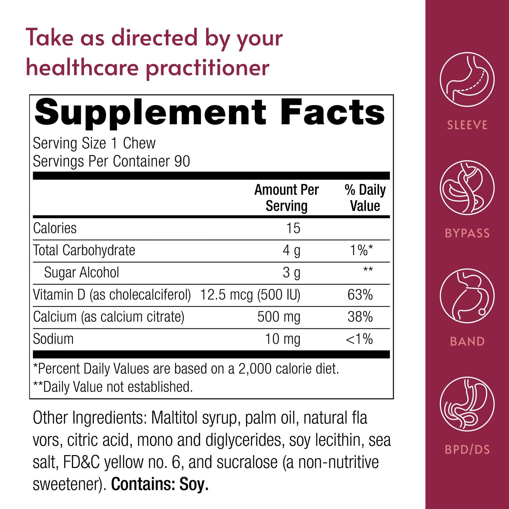 Bariatric Advantage nutrition label view showcases 500 mg calcium and 500 IU vitamin D3