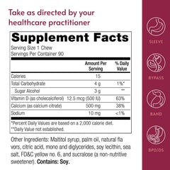 Bariatric Advantage nutrition label view showcases 500 mg calcium and 500 IU vitamin D3
