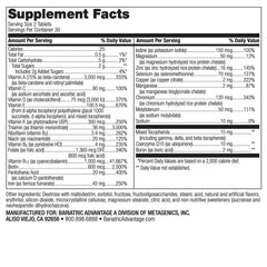 Close-up of Bariatric Advantage chewable tablets highlighting iron and folic acid content.