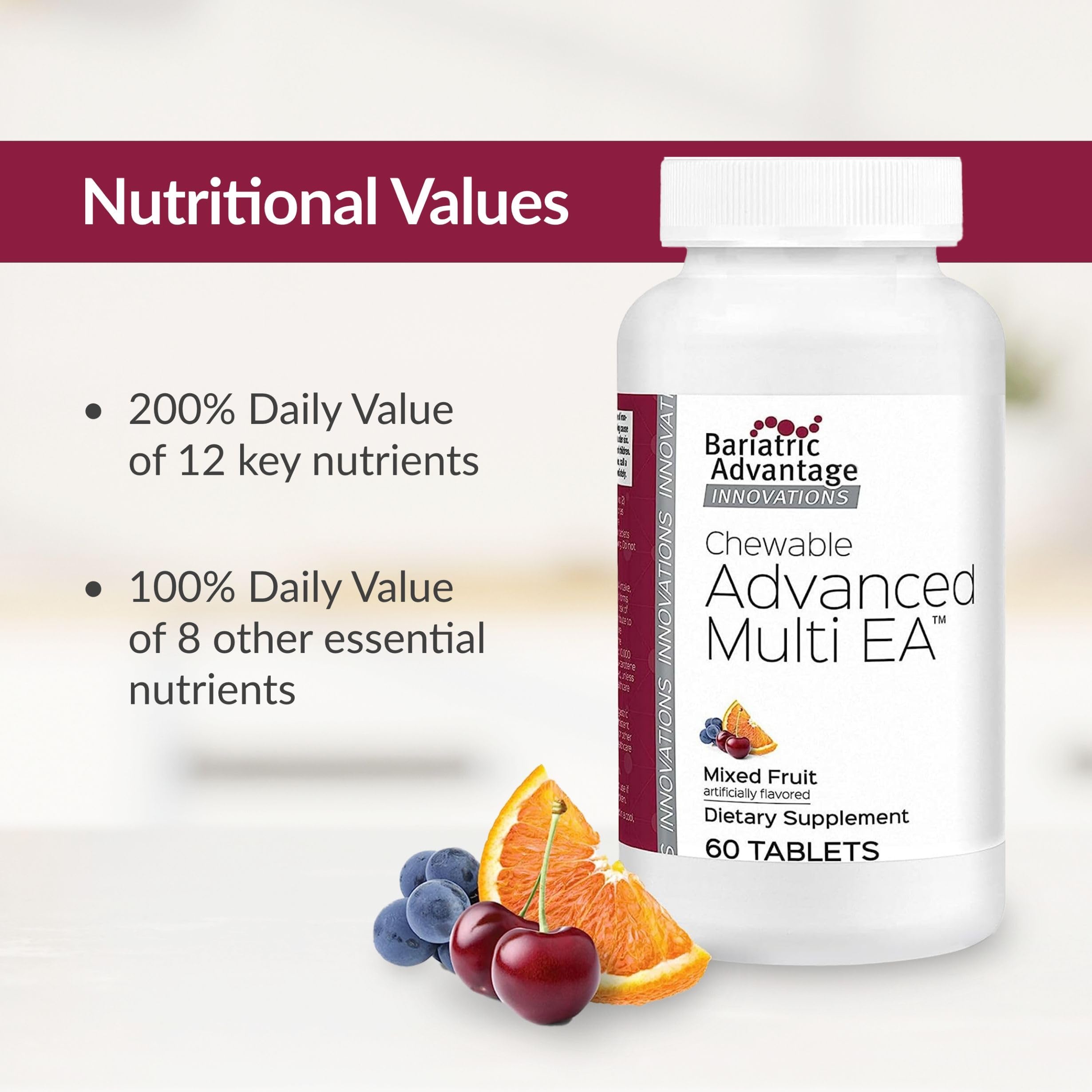 Two-tablet daily dose infographic from Bariatric Advantage showing complete nutrient coverage.