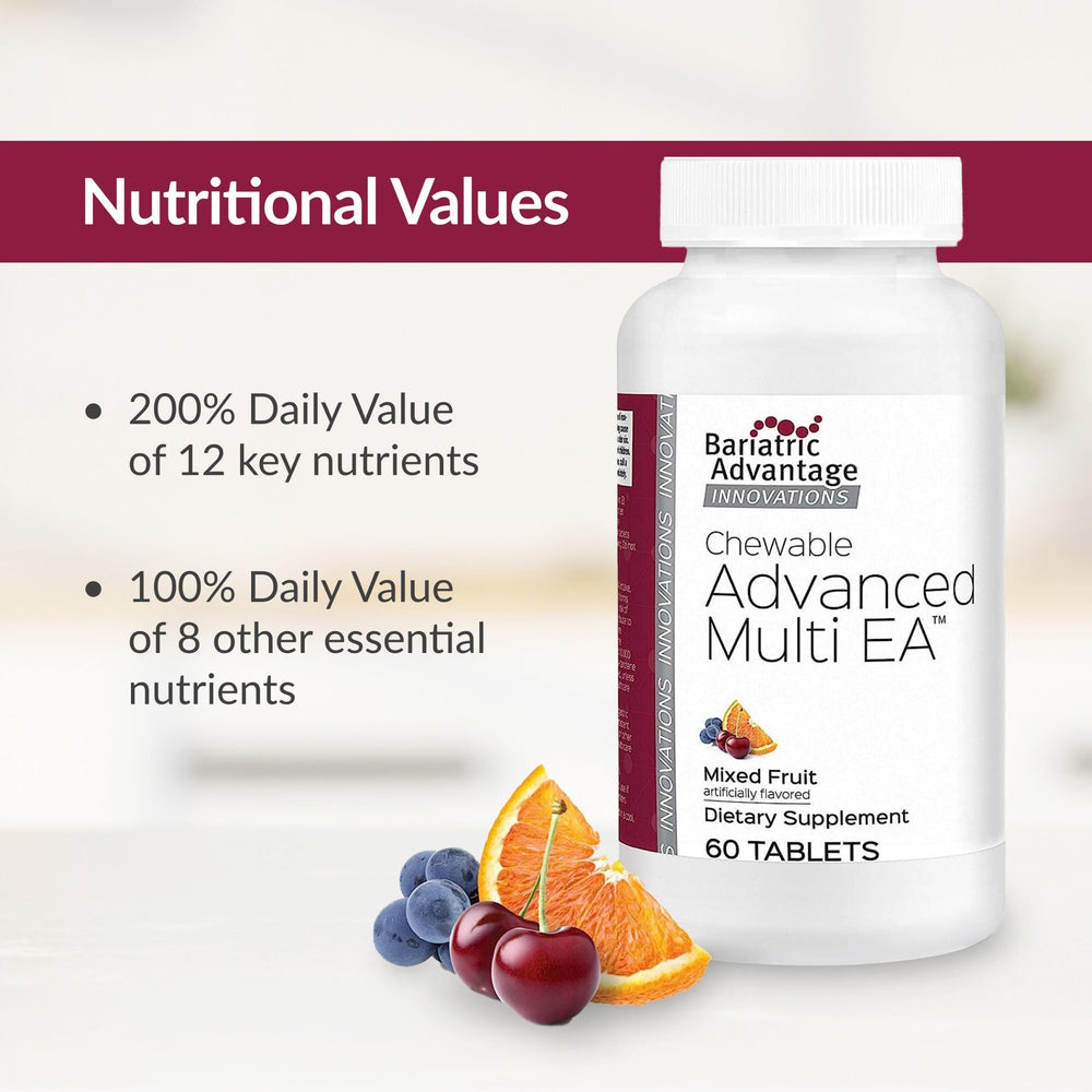 Two-tablet daily dose infographic from Bariatric Advantage showing complete nutrient coverage.