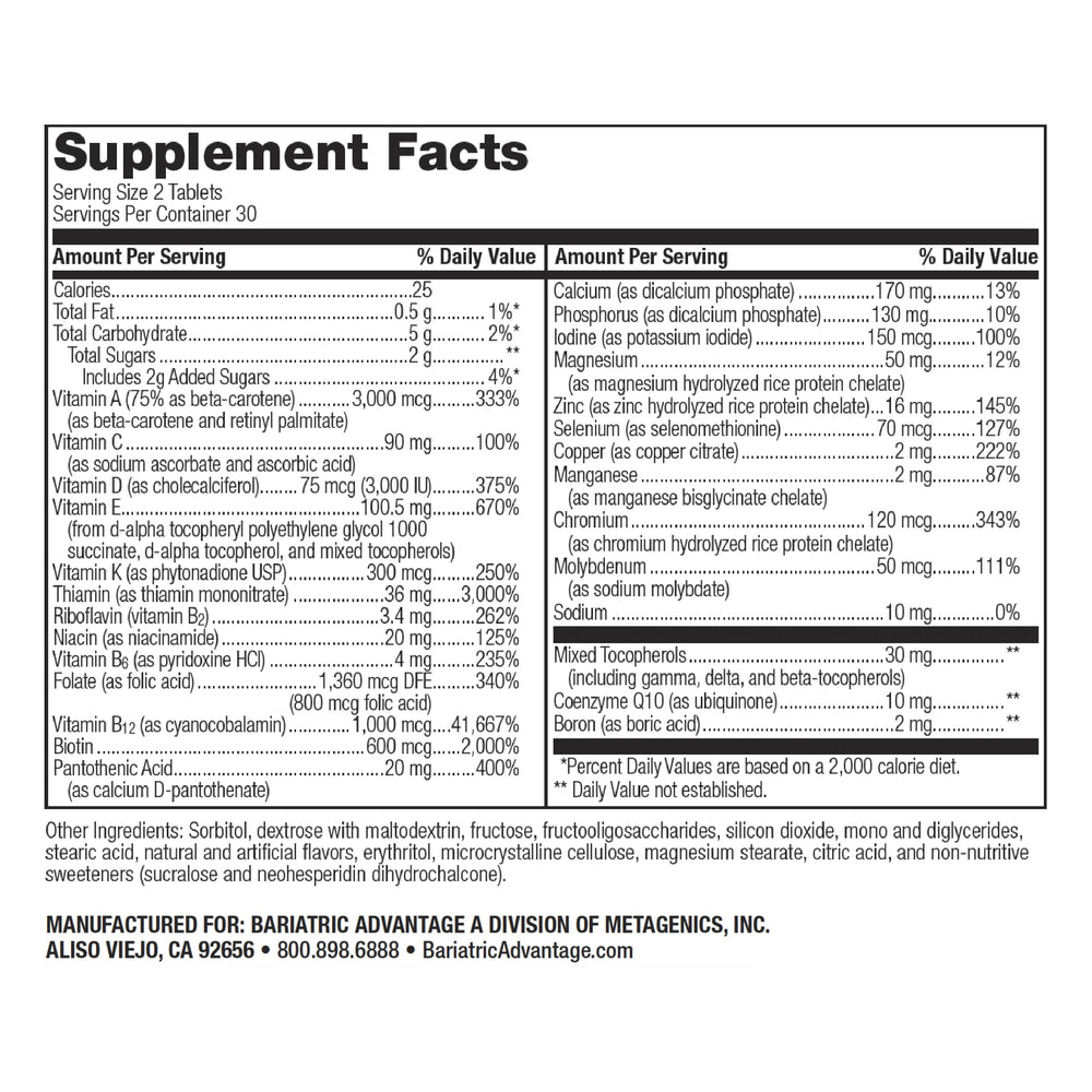 Bariatric Advantage bottle closeup shows high potency nutrients and micelle absorption features