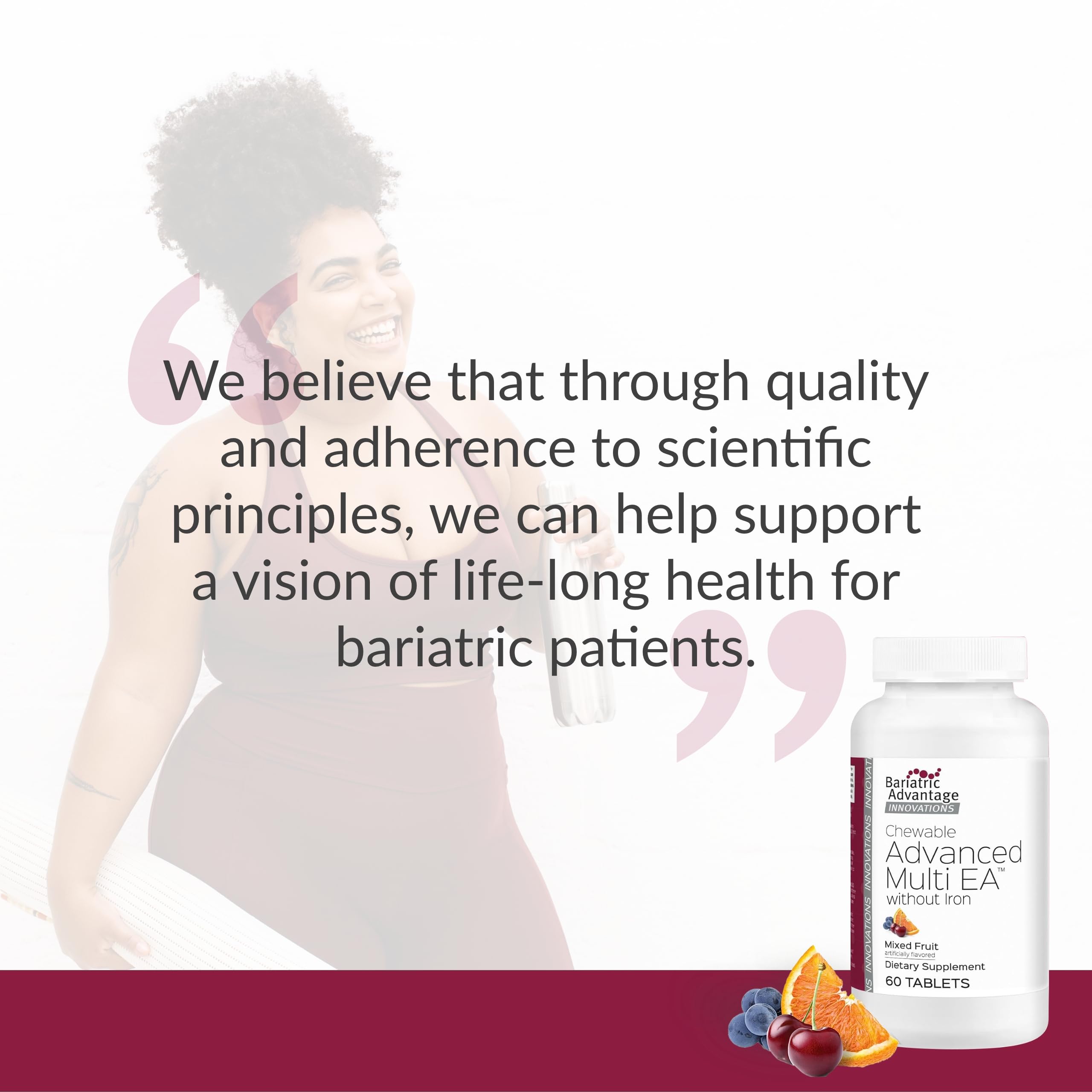 Bariatric Advantage bottle with tablets and measuring cup demonstrates practical serving
