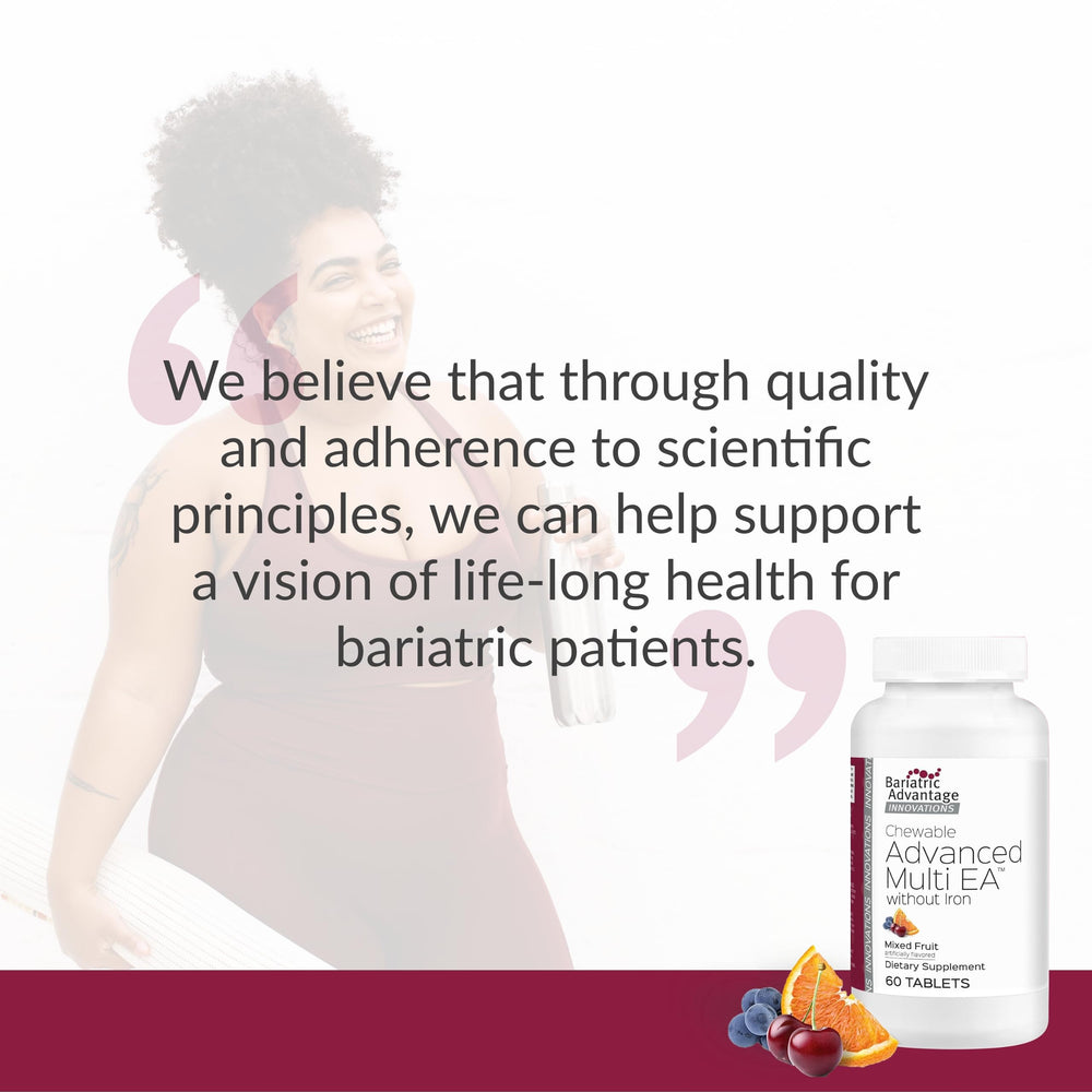 Bariatric Advantage bottle with tablets and measuring cup demonstrates practical serving