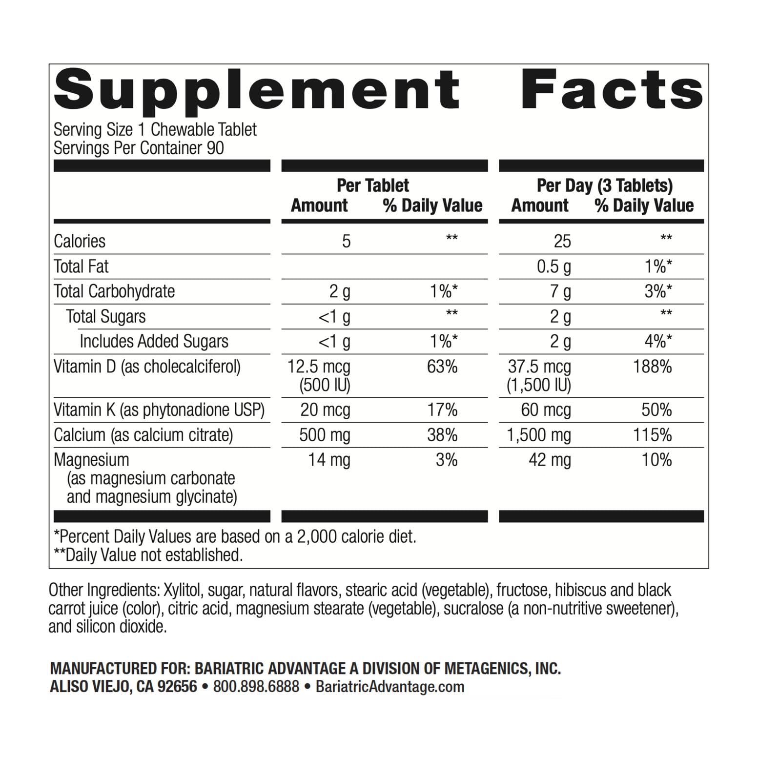 Bariatric Advantage calcium citrate chewable tablets close-up highlighting high-potency formula.