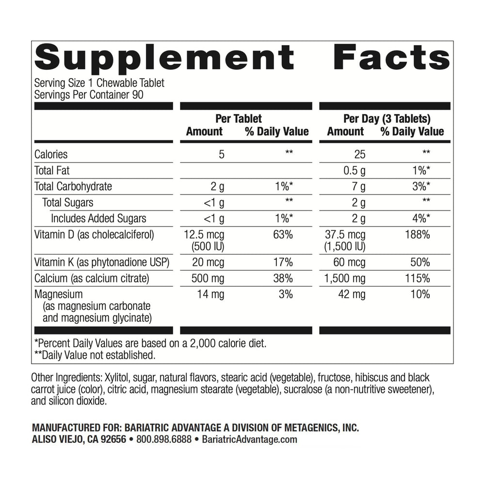 Bariatric Advantage calcium citrate chewable tablets close-up highlighting high-potency formula.
