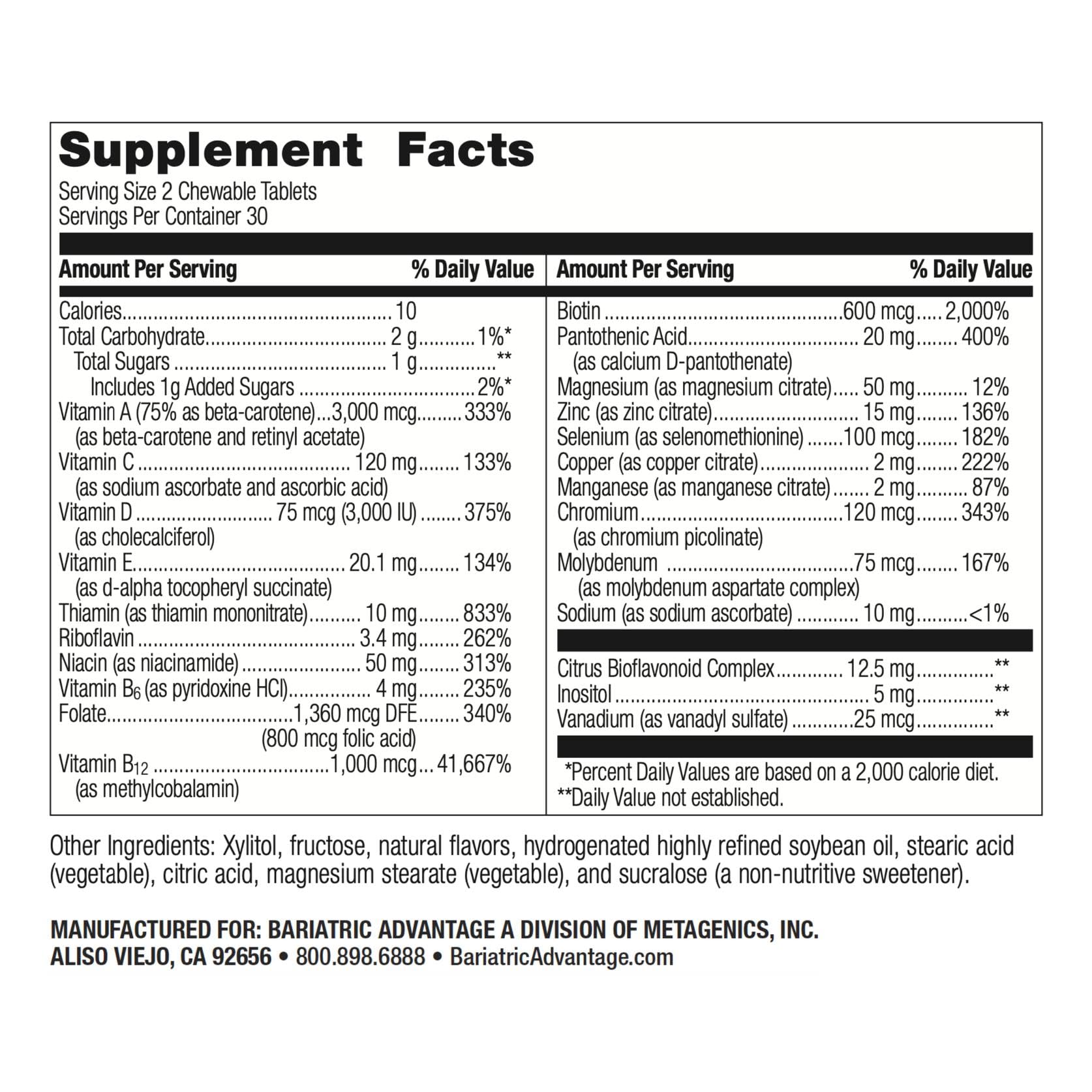 Bariatric Advantage Orange Chewable Multivitamin bottle highlights easy absorption post-procedure