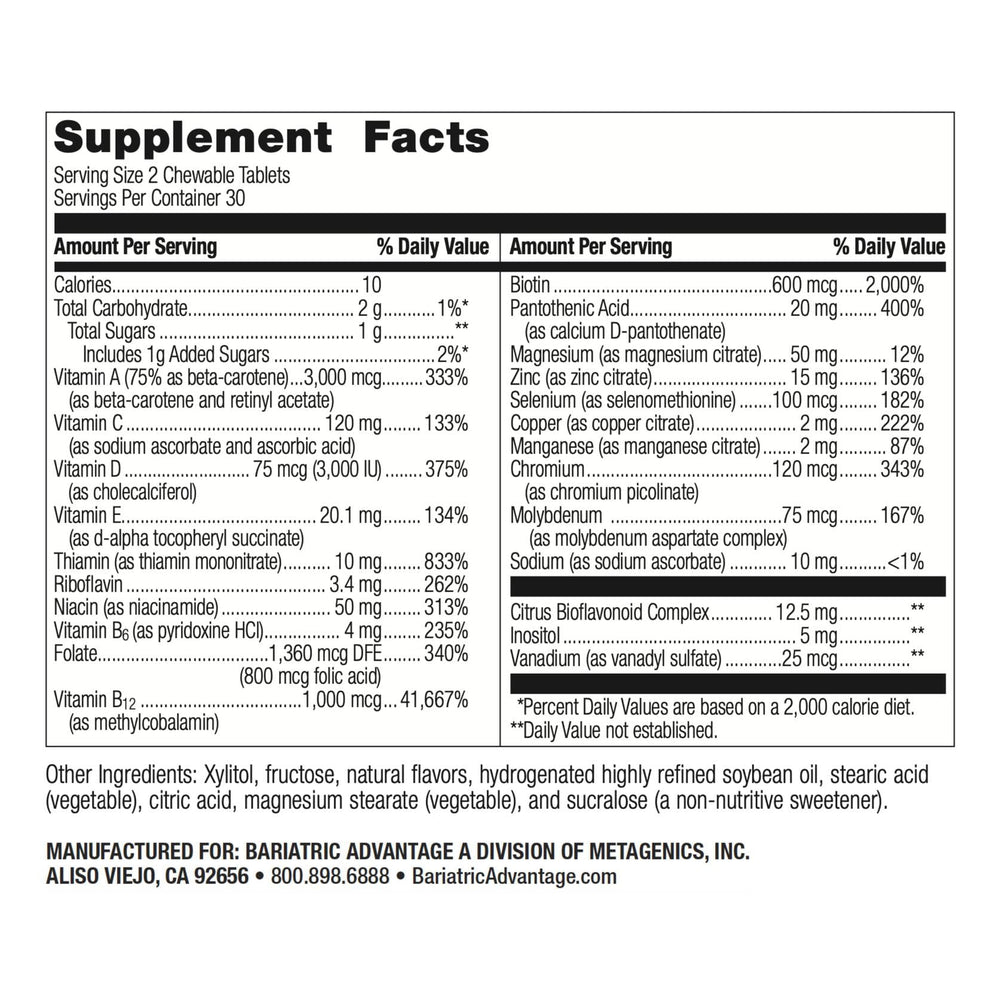 Bariatric Advantage Orange Chewable Multivitamin bottle highlights easy absorption post-procedure