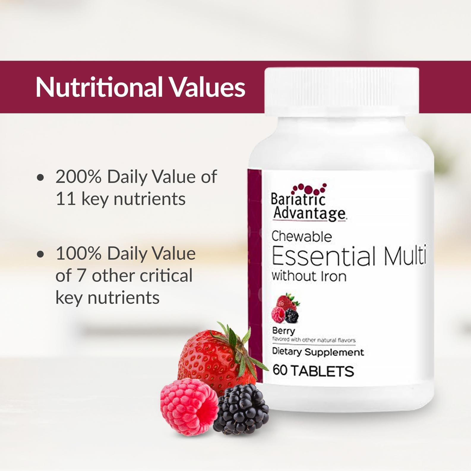 Bariatric Advantage bottle features trace minerals label with zinc and selenium support