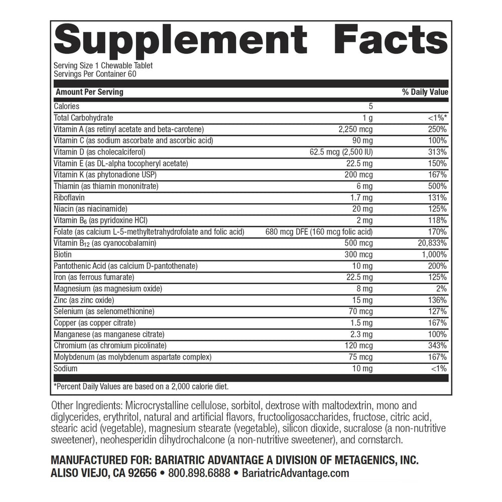 Close-up of Bariatric Advantage chewable High ADEK iron tablets for easy dosing.