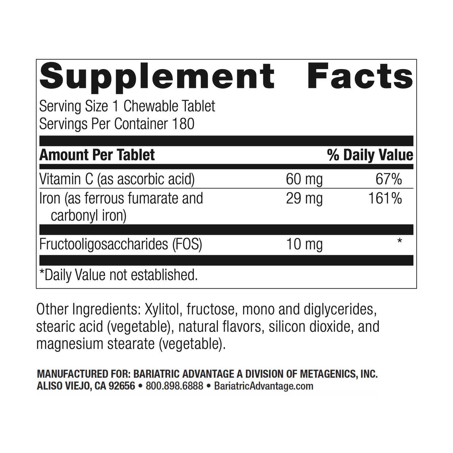Bariatric Advantage iron bottle image highlighting no metallic taste and 180-count convenience