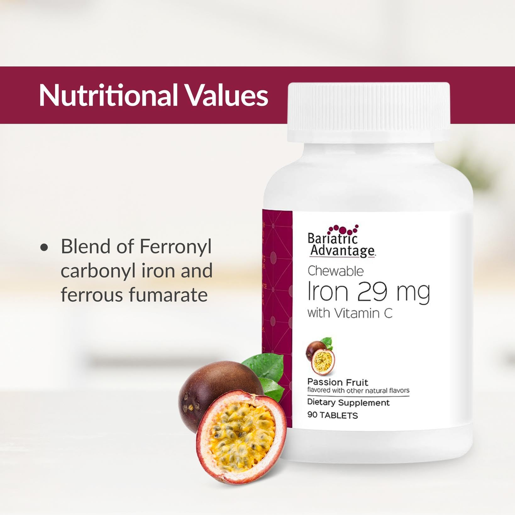 Bariatric Advantage nutrition facts label communicates iron dose and ingredients