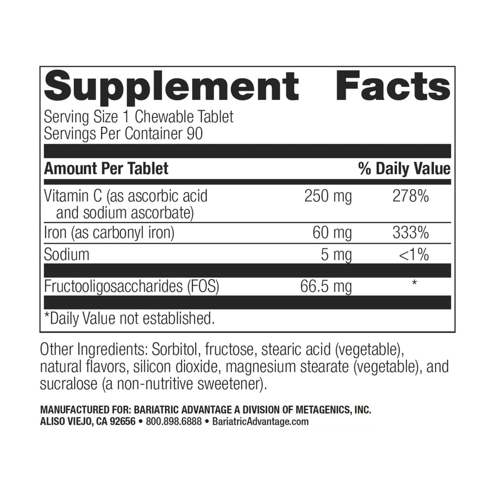 Bariatric Advantage chewable iron tablet close-up showing texture and flavor
