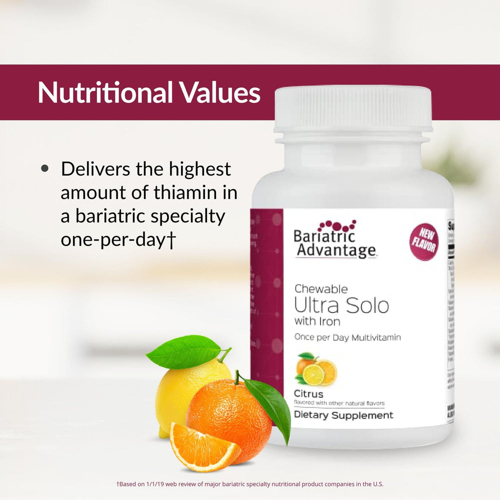 Bariatric Advantage Chewable Ultra Solo bottle and glass, illustrating practical daily use.