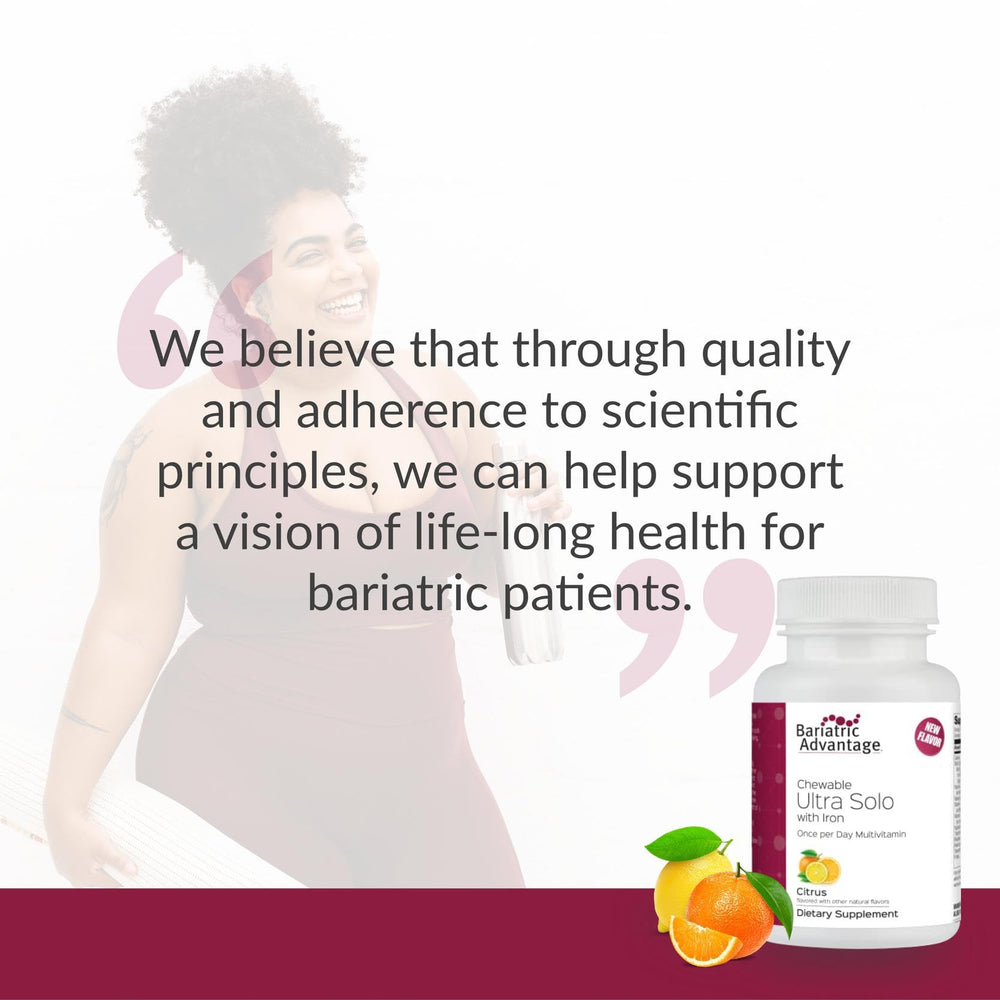 Bariatric Advantage Chewable Ultra Solo packaging, emphasizing gluten-free, iron-rich formulation.