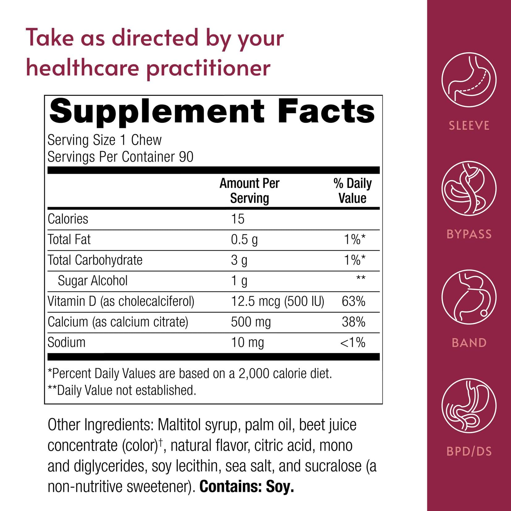 Bariatric Advantage calcium chews in hand illustrate portable daily supplementation.