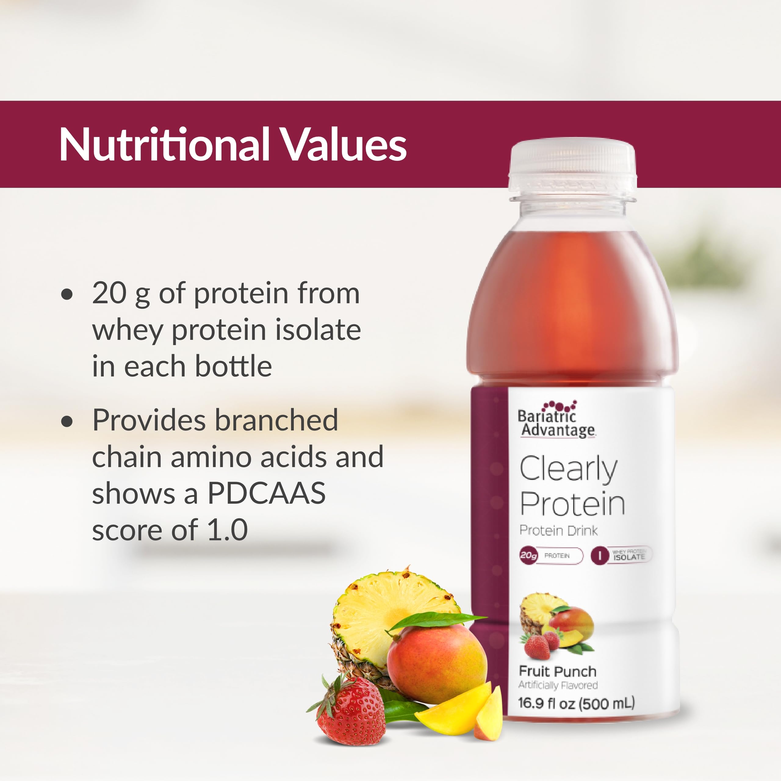 Bariatric Advantage Clearly Protein nutrition facts panel highlighting 0 g fat and 0 g carbs