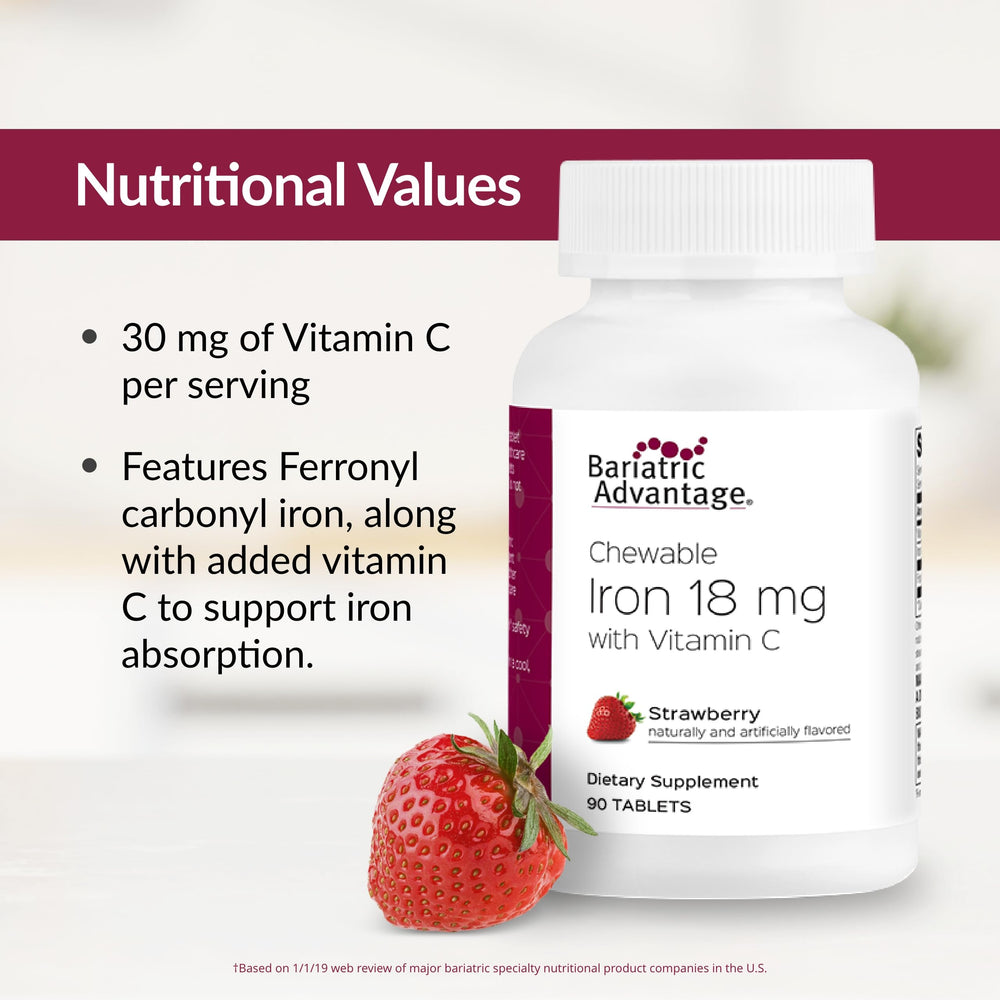 Bariatric Advantage ferronyl carbonyl iron chewables with water prompts daily intake.