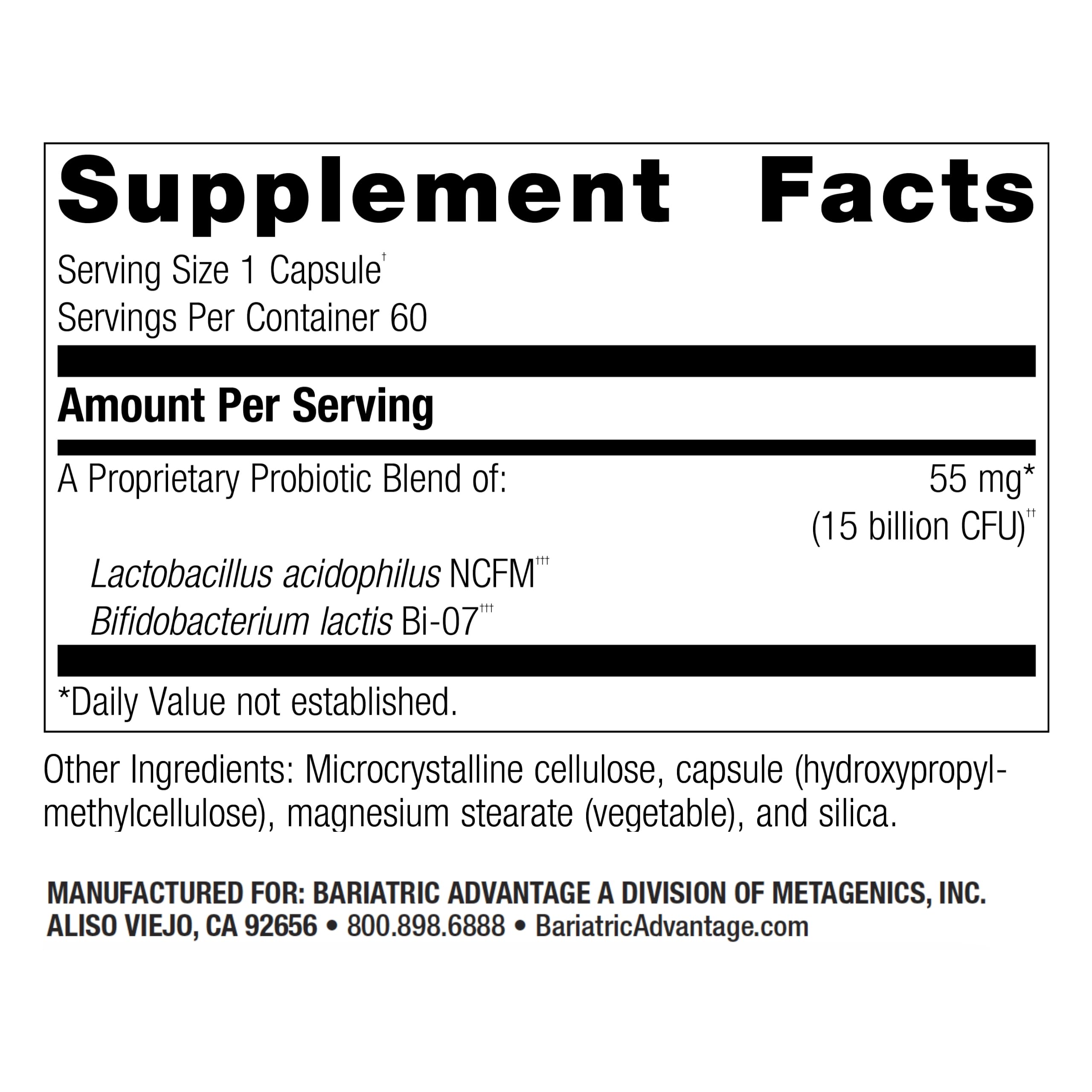 Bariatric Advantage FloraVantage Balance capsules closeup highlighting easy, daily probiotic dosing