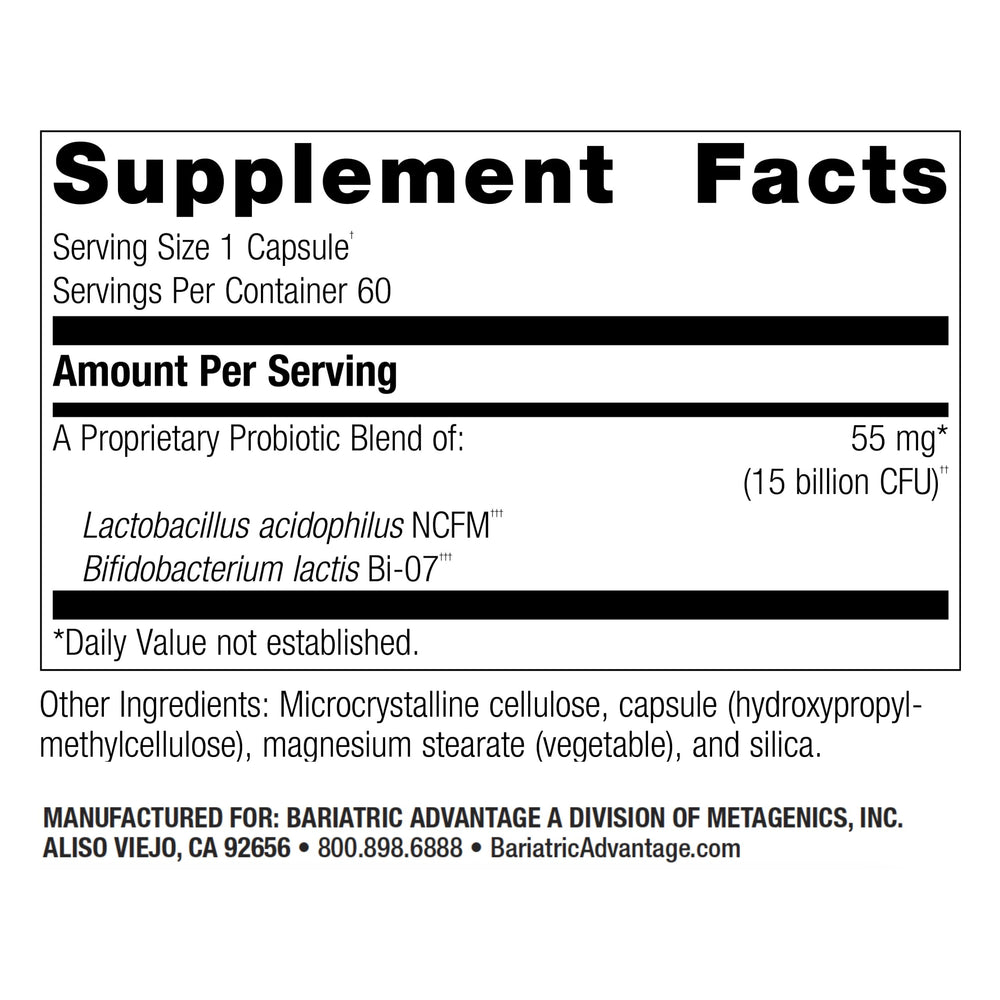 Bariatric Advantage FloraVantage Balance capsules closeup highlighting easy, daily probiotic dosing