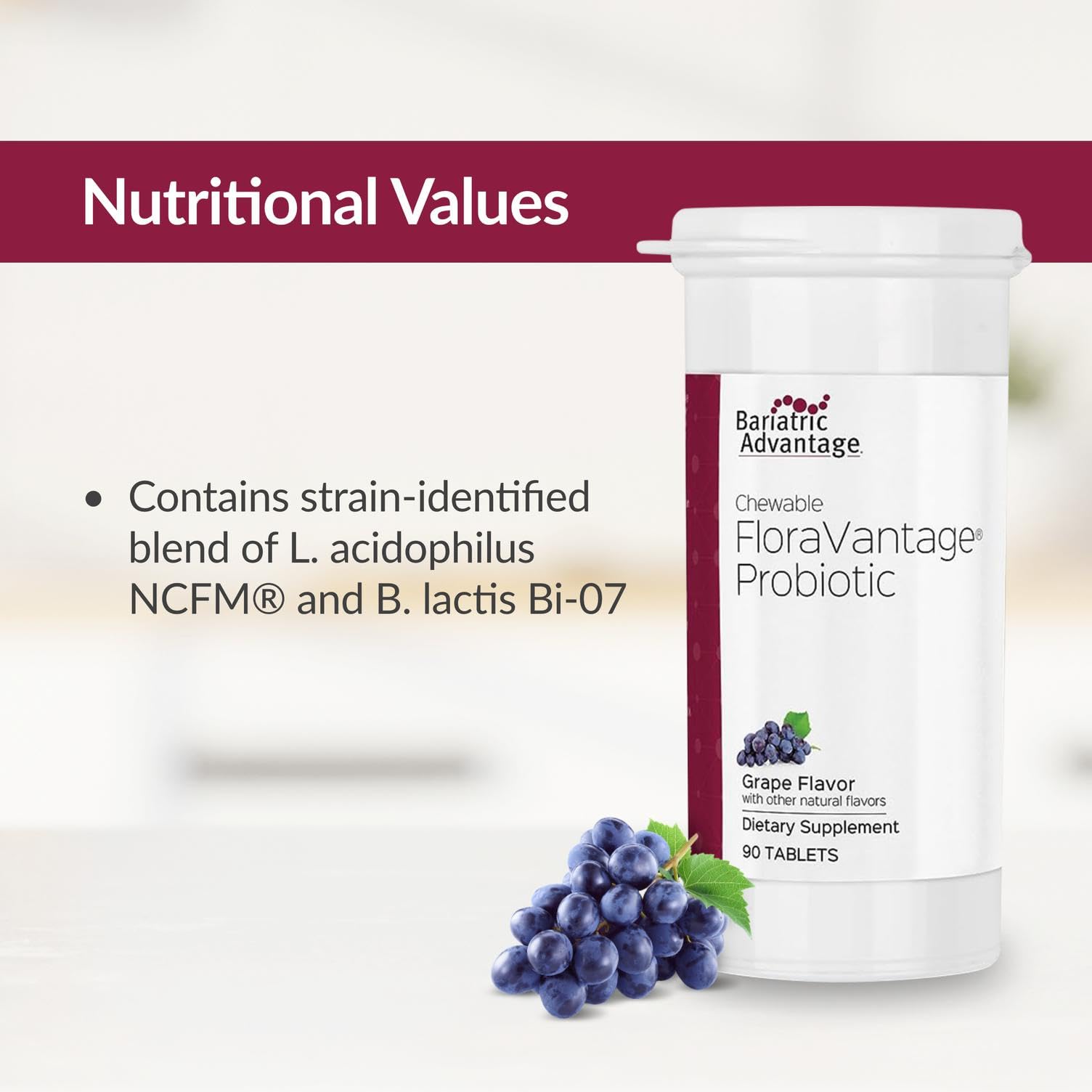 Bariatric Advantage FloraVantage bottle label close-up highlights probiotic features.