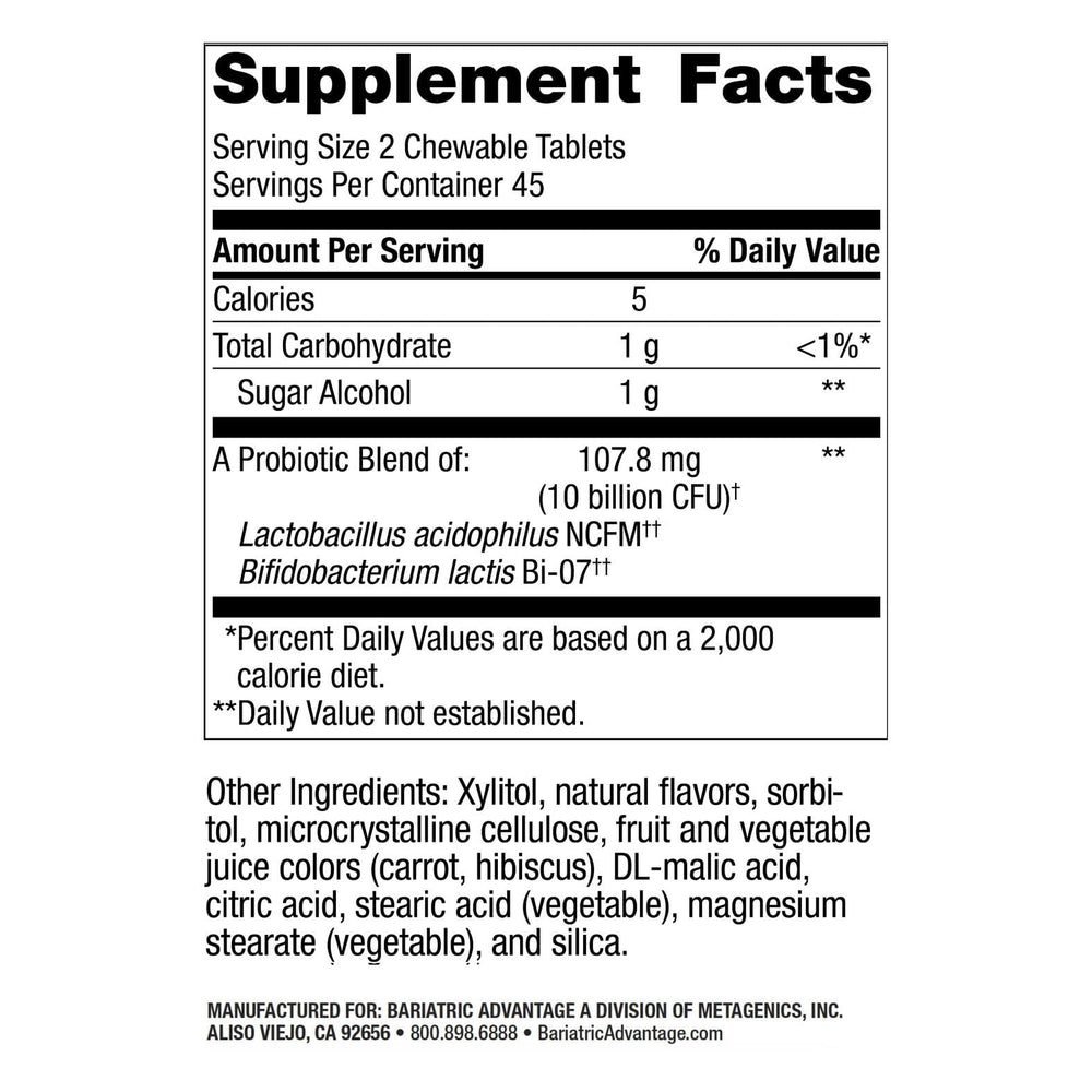 Bariatric Advantage FloraVantage 10 billion CFU label close-up, emphasizing potency.