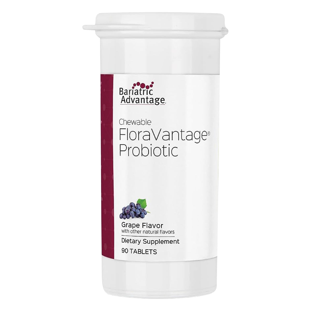 Bariatric Advantage FloraVantage probiotic grape chewables bottle front, ready for daily use.
