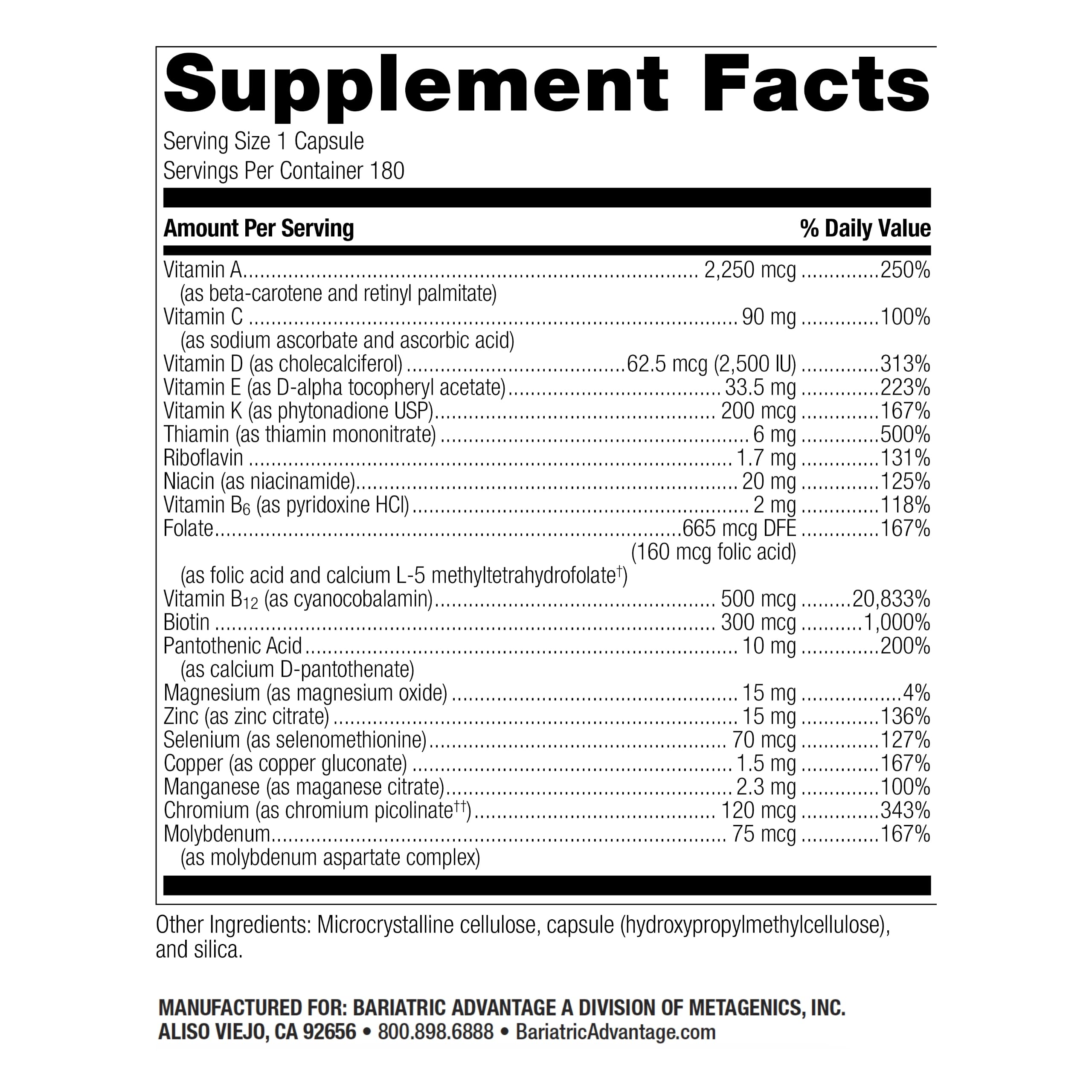 Bariatric Advantage High ADEK Multi capsules closeup highlight easy-to-swallow supplements.