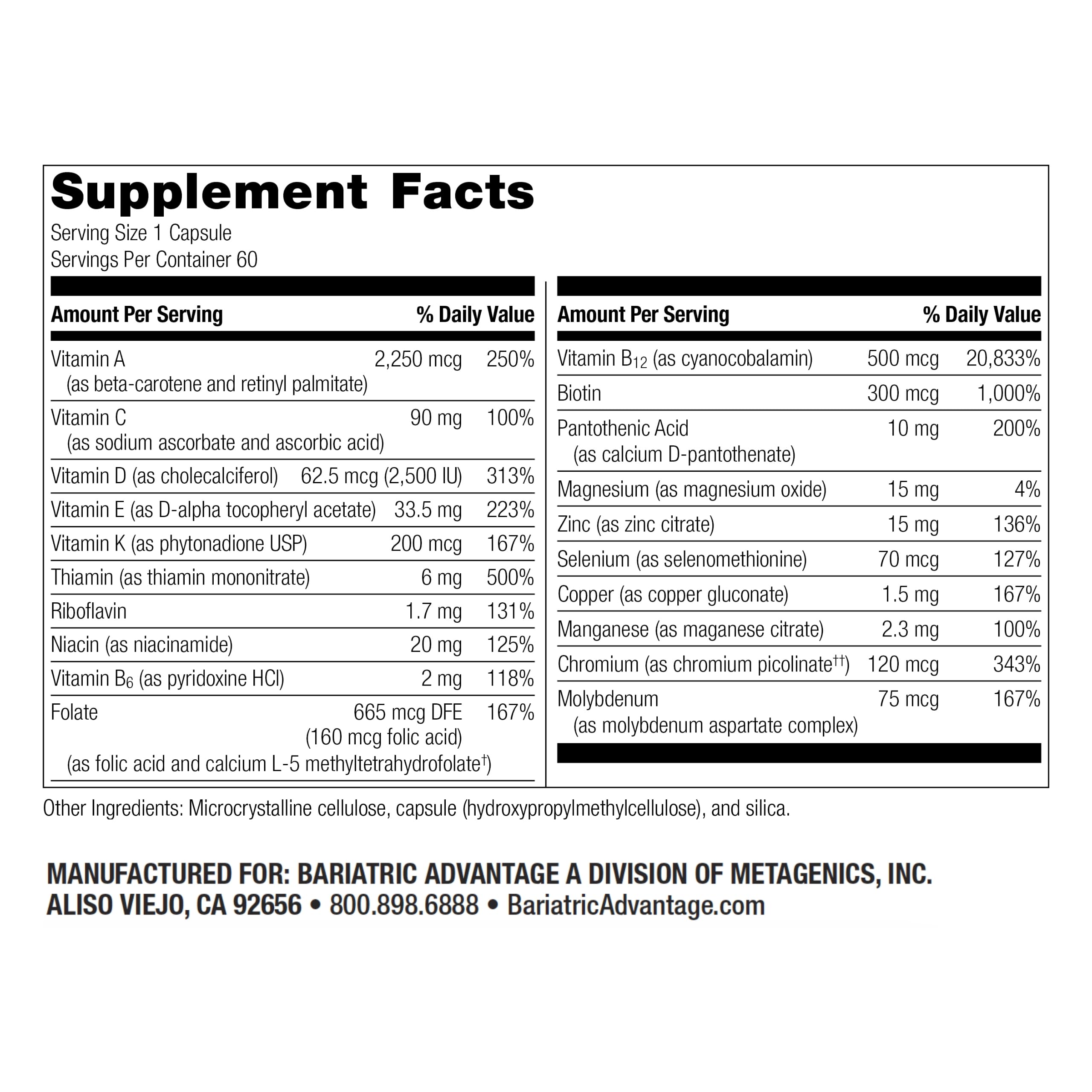 Bariatric Advantage High ADEK Multi capsules closeup highlighting vitamin variety for post-surgery nutrition