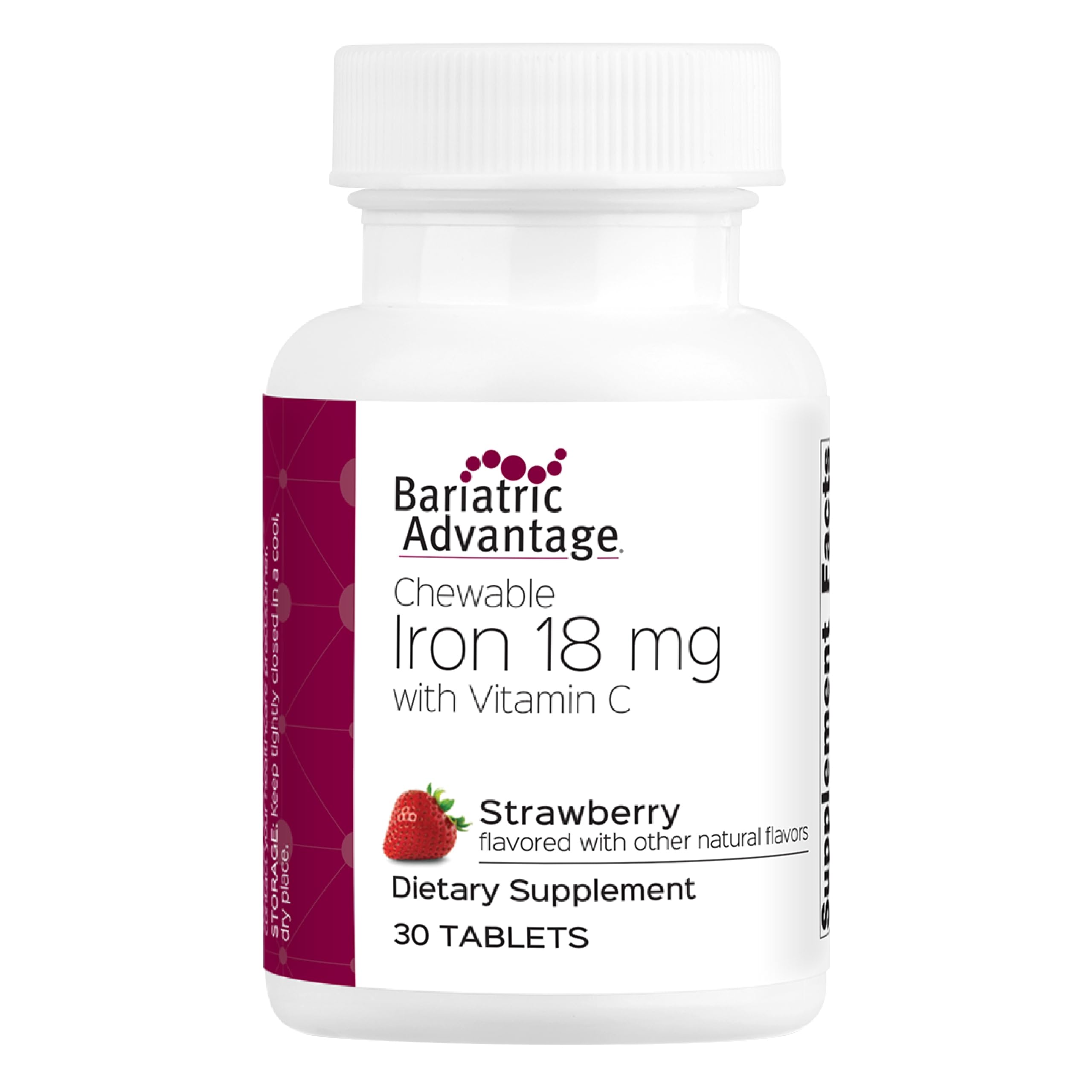 Bariatric Advantage iron 18 mg chewable strawberry bottle supports daily post-surgery iron needs