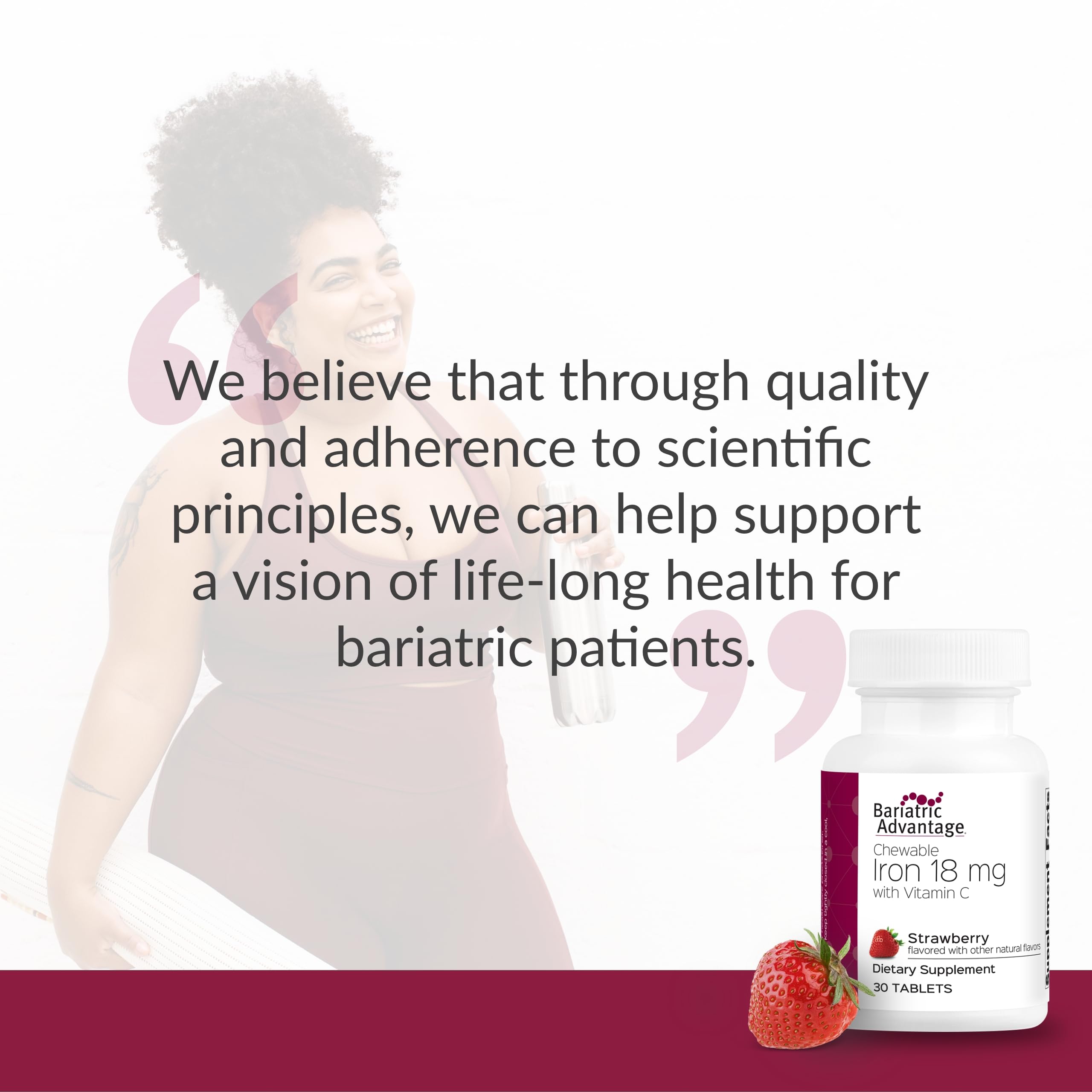 Label detail on Bariatric Advantage iron chewable strawberry highlights Ferronyl carbonyl iron