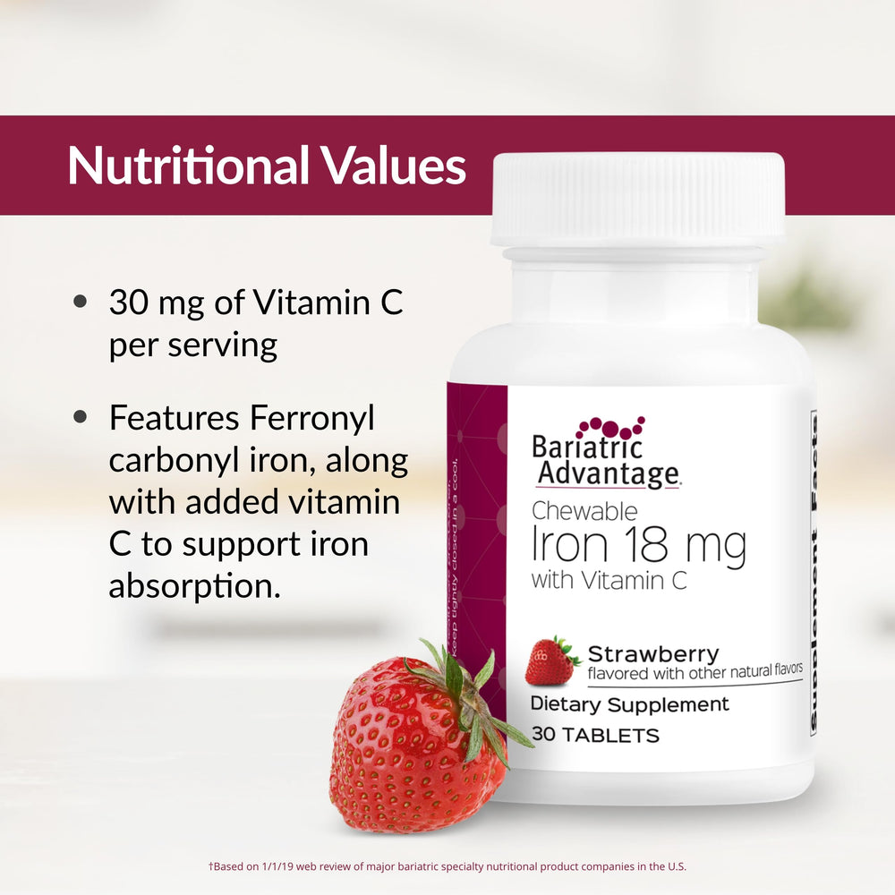 Hand holding Bariatric Advantage strawberry chewable tablet for easy daily use