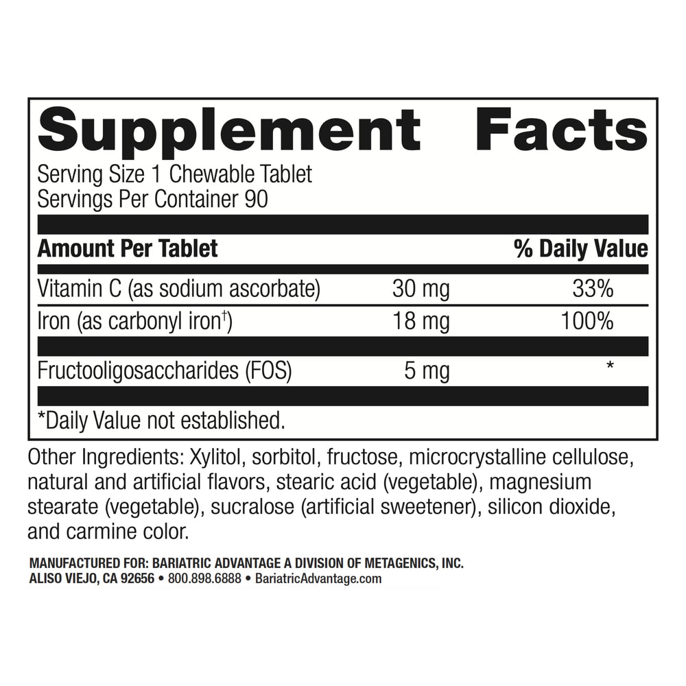 Bariatric Advantage iron chewables strawberry close-up showing gentle-on-stomach formula.