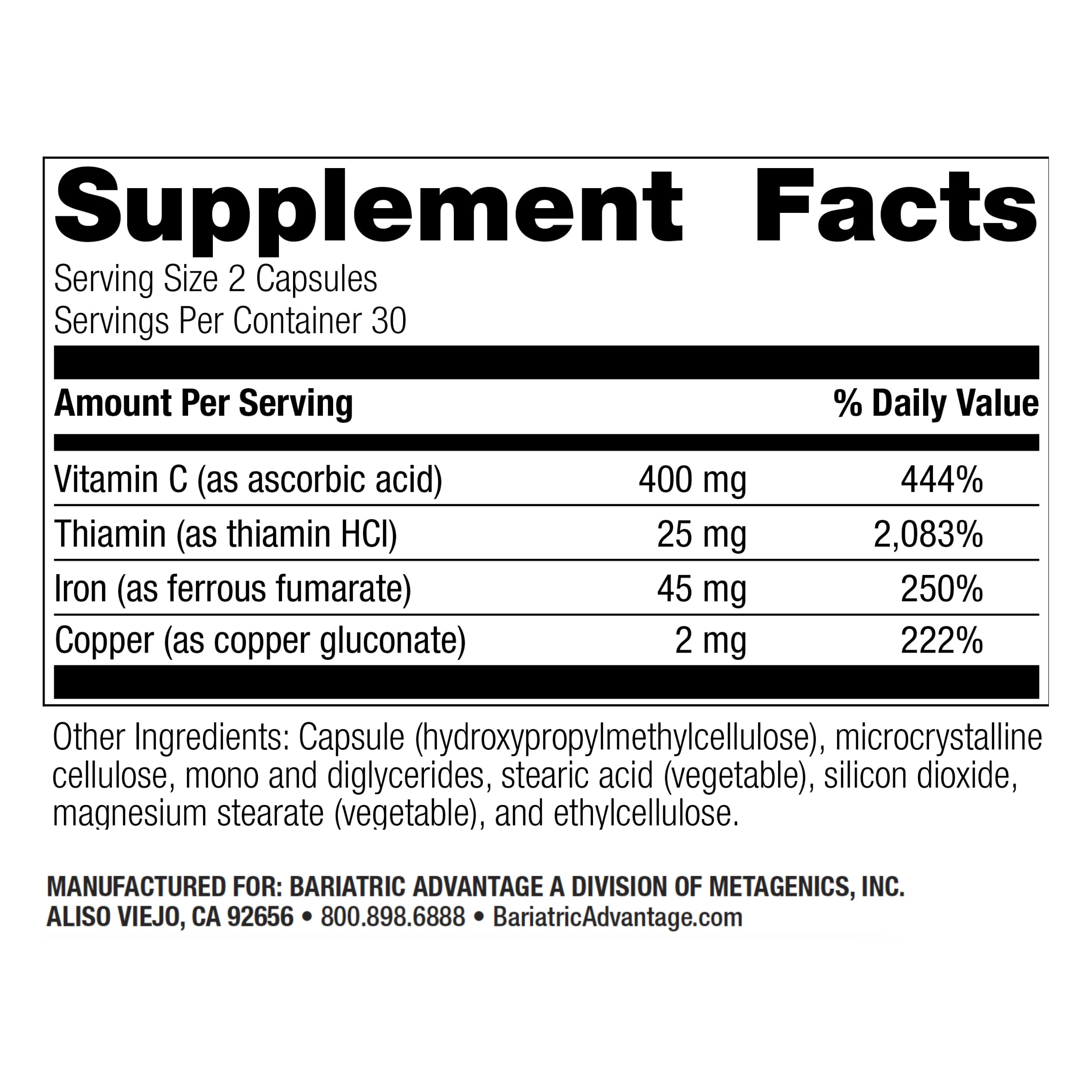 Label closeup shows ferrous fumarate on Bariatric Advantage iron 45mg