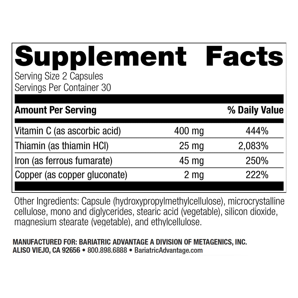 Label closeup shows ferrous fumarate on Bariatric Advantage iron 45mg