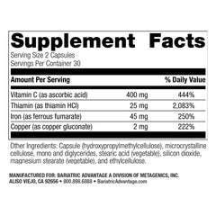 Label closeup shows ferrous fumarate on Bariatric Advantage iron 45mg