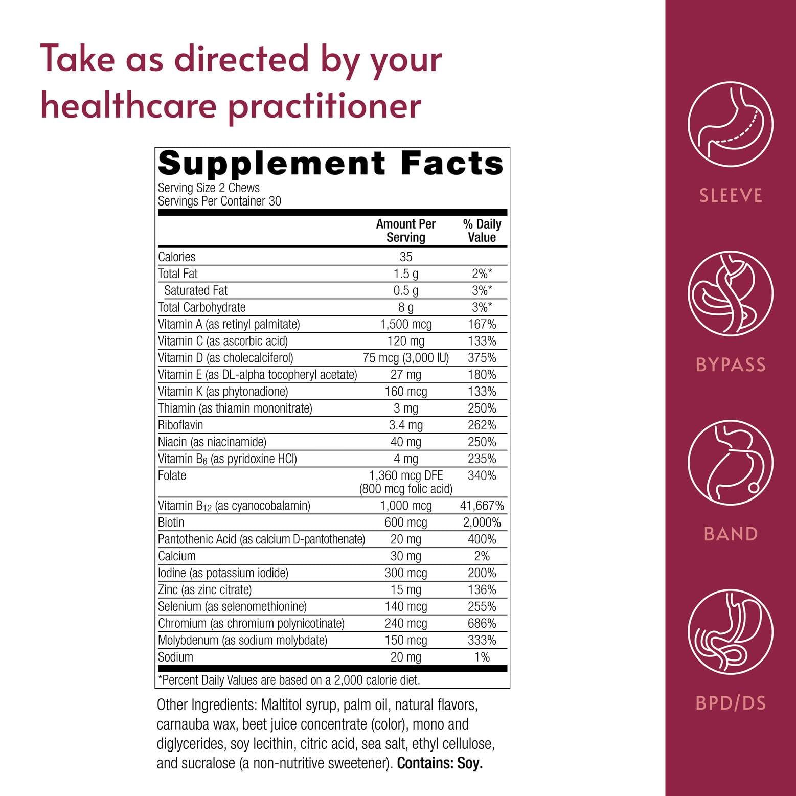 Bariatric Advantage multi chewy bite bottle and label emphasizing nutrient rich formula