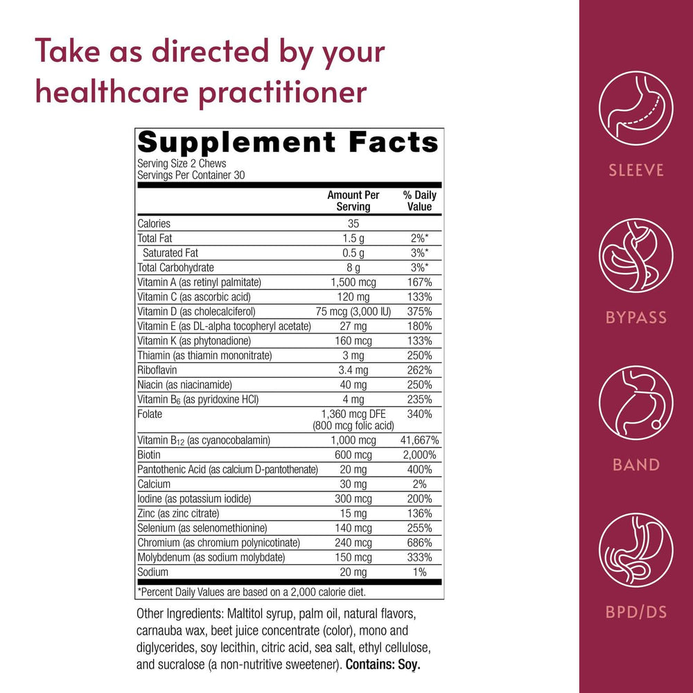 Bariatric Advantage multi chewy bite bottle and label emphasizing nutrient rich formula
