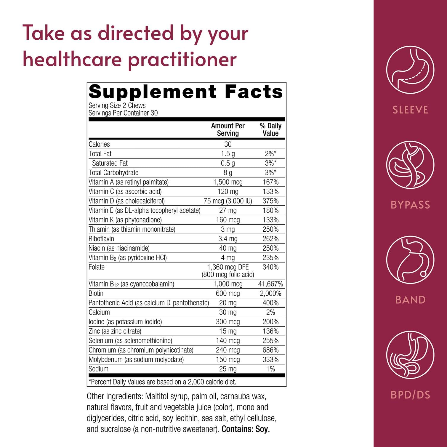 Bariatric Advantage Multi Chewy Bite nutrition label highlights high vitamin A and B12.