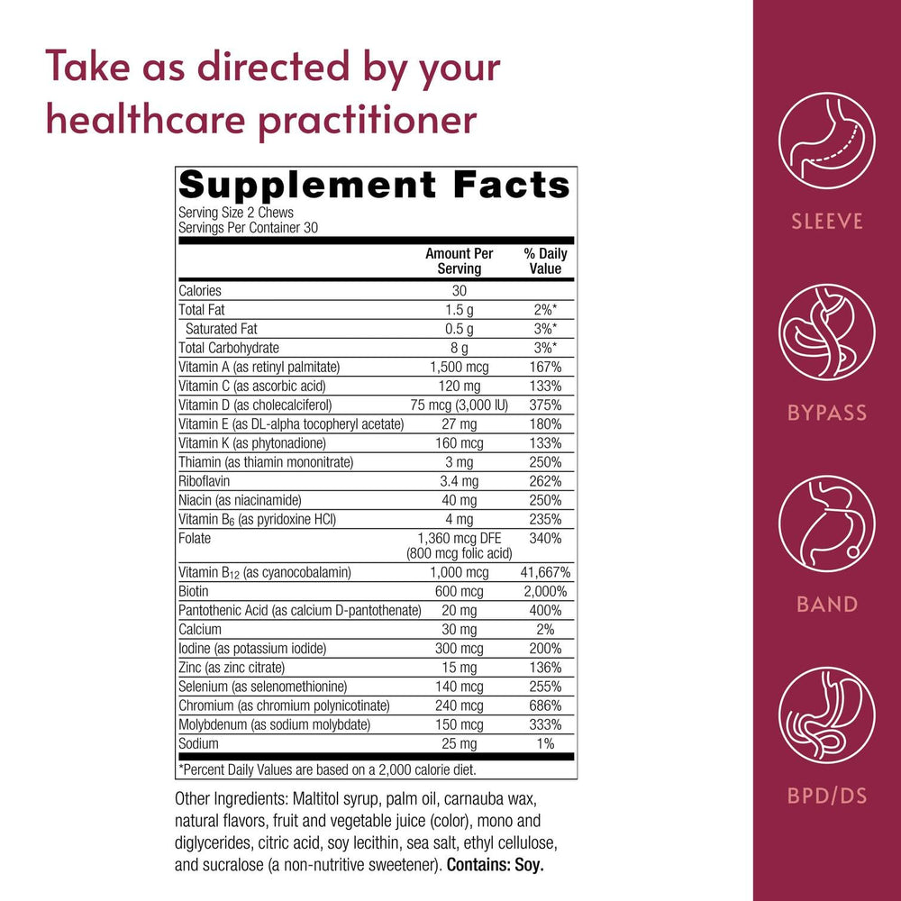 Bariatric Advantage Multi Chewy Bite nutrition label highlights high vitamin A and B12.
