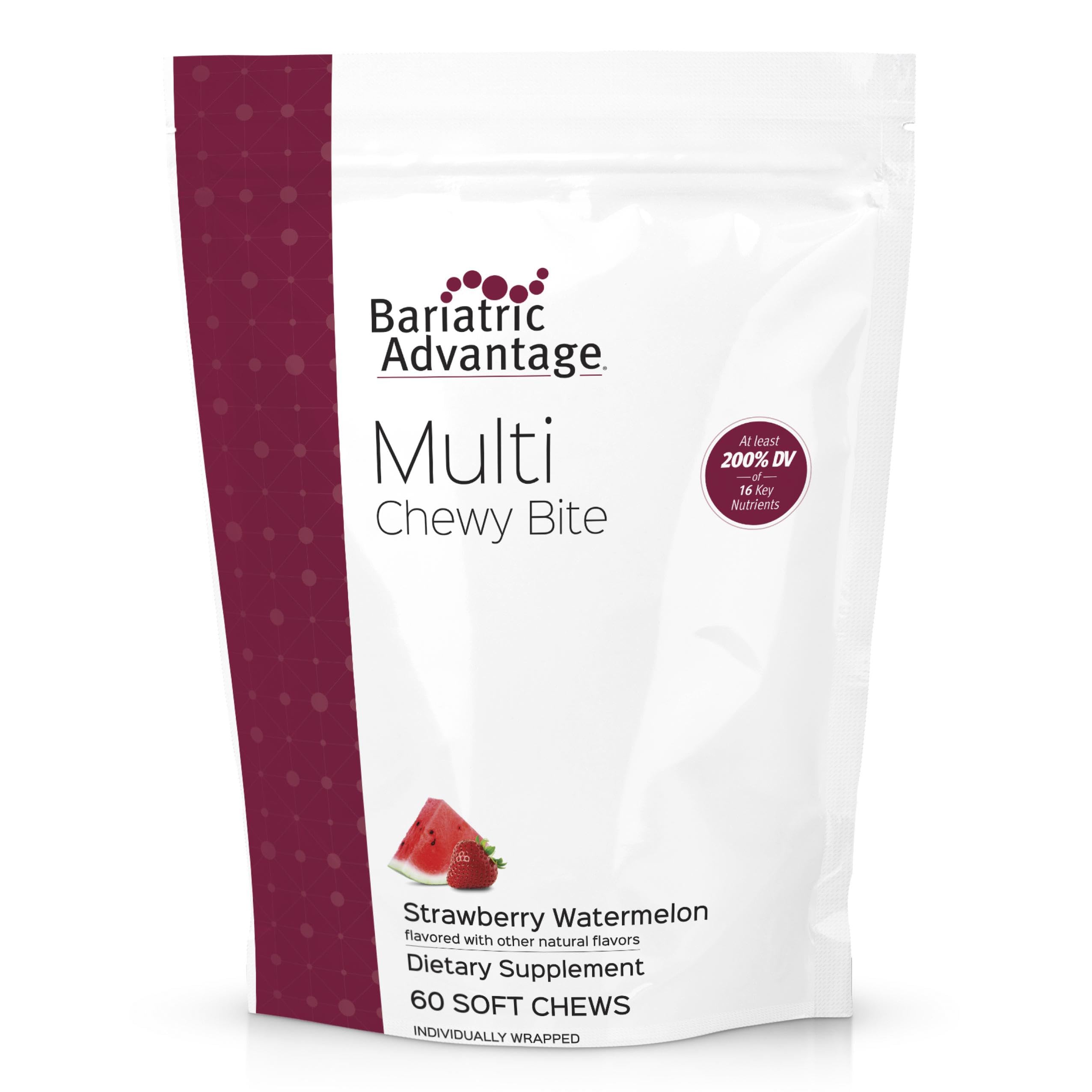 Bariatric Advantage Multi Chewy Bite packaging with strawberry watermelon flavor and 60-count bottle for daily use
