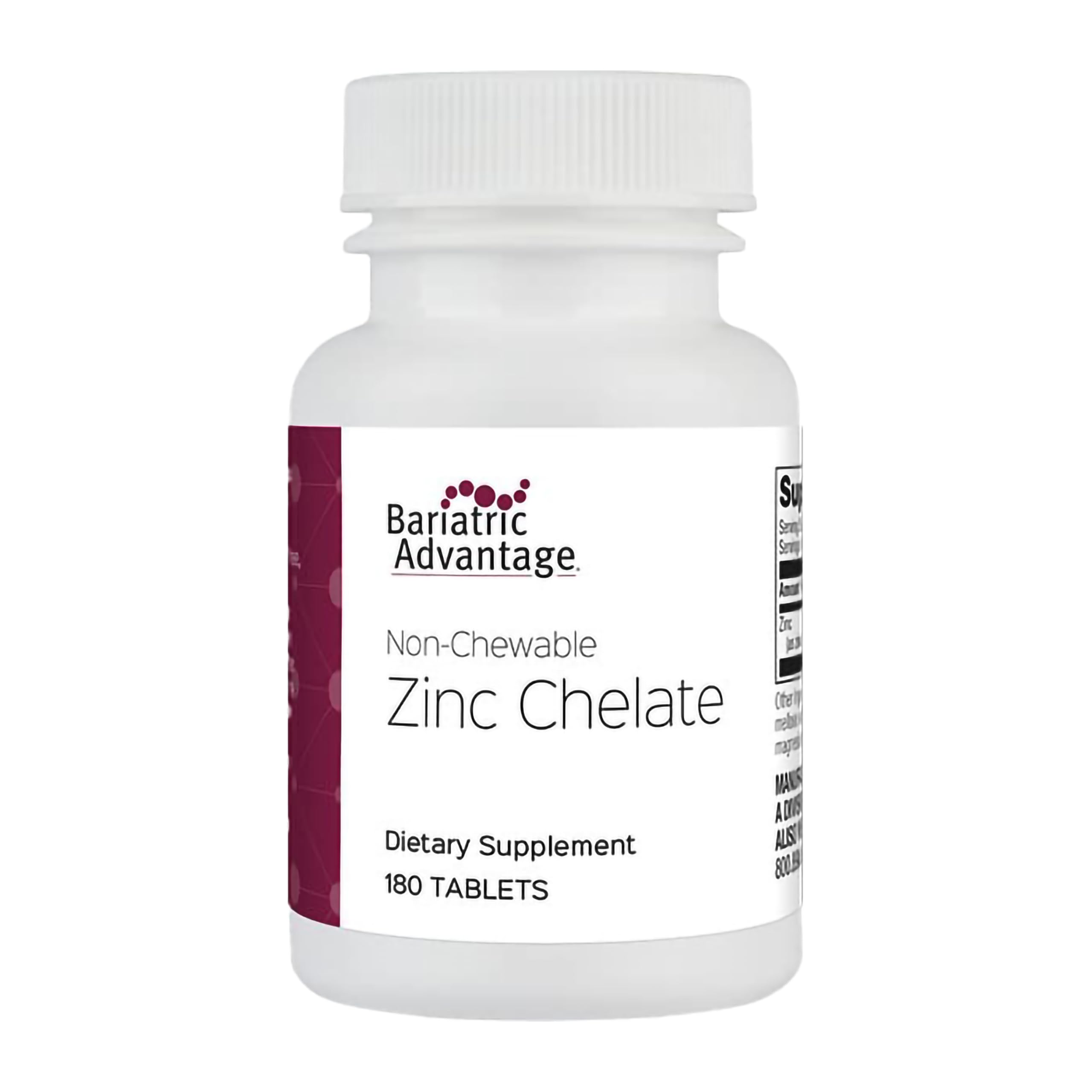 Bariatric Advantage non-chewable zinc chelate tablets bottle label highlights immune support potential