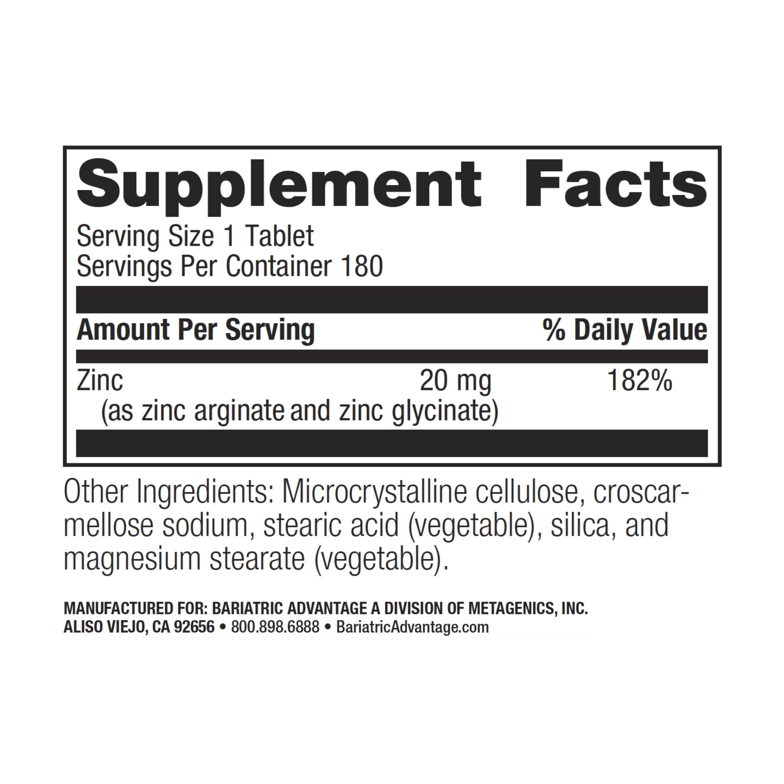 Bariatric Advantage zinc chelate tablets close-up shows high absorption features
