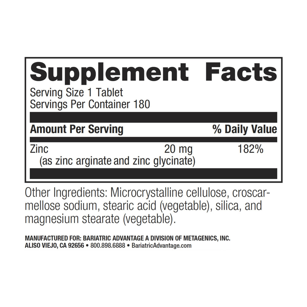 Bariatric Advantage zinc chelate tablets close-up shows high absorption features