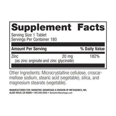 Bariatric Advantage zinc chelate tablets close-up shows high absorption features